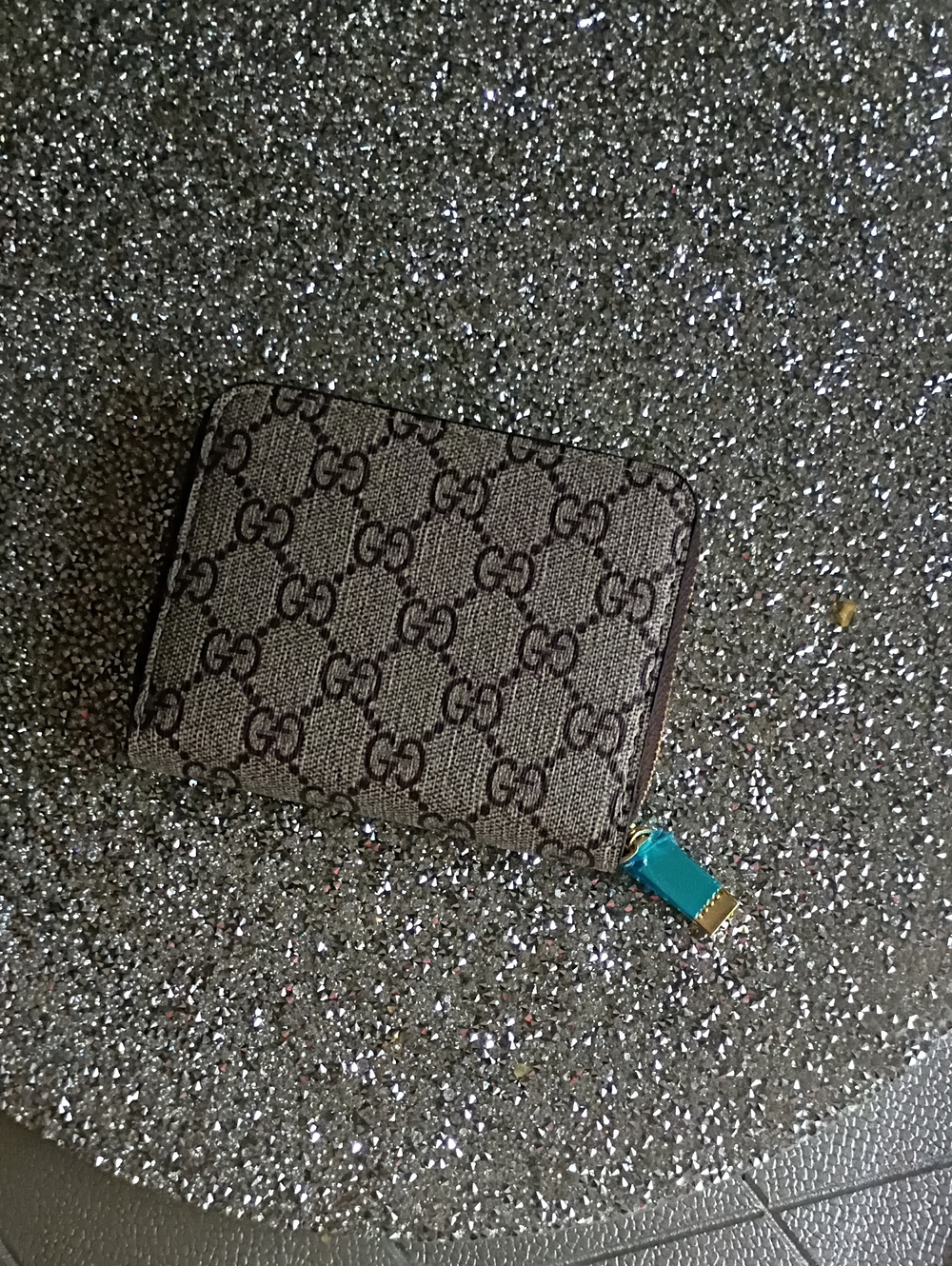 Gucci Brown Monogram Zip Wallet with Teal Pull-card Holder